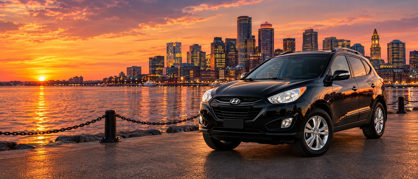 Black Hyundai Tucson from our fleet parked by the water with the Boston skyline at sunset